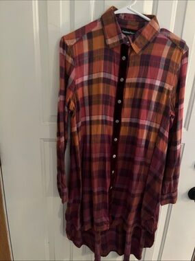 Women's Plaid Button-Down Tunic Shirt - Burgundy & Orange